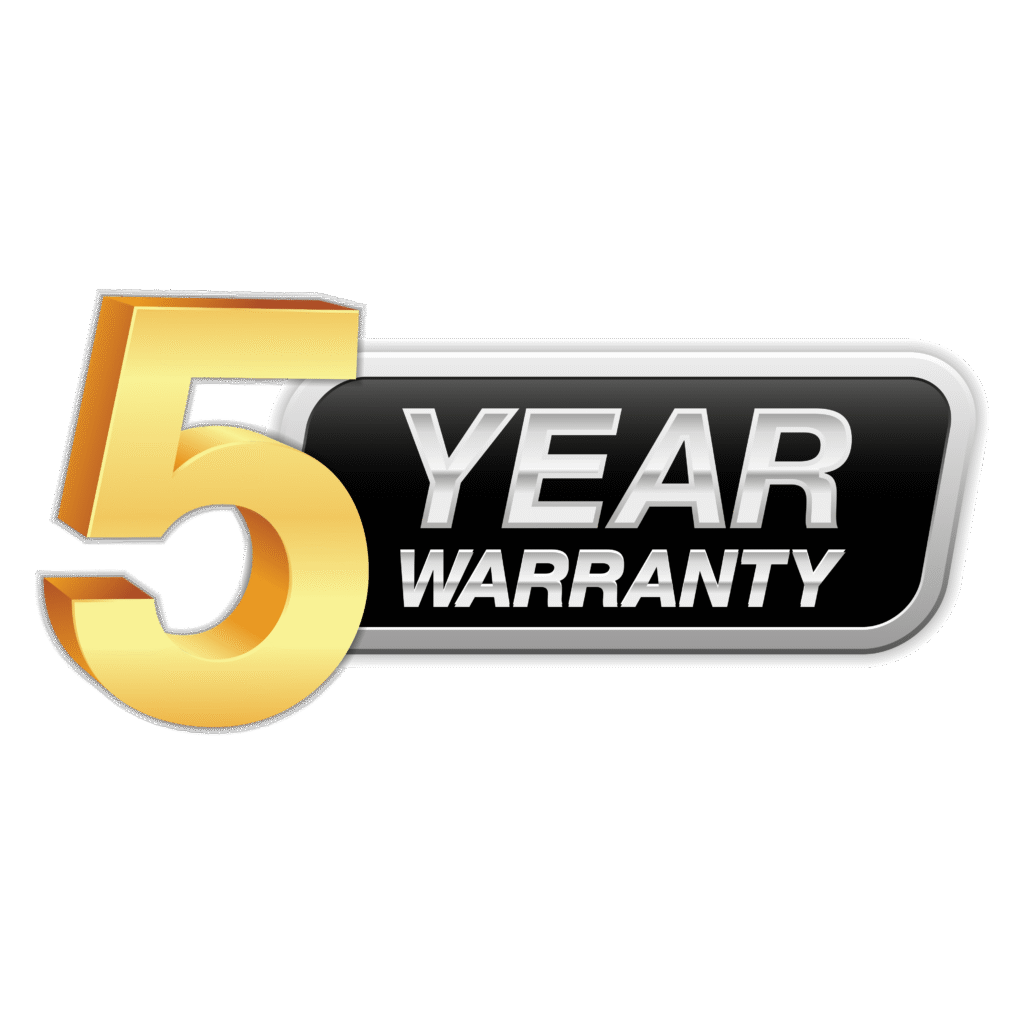 5-year warranty badge on black background.